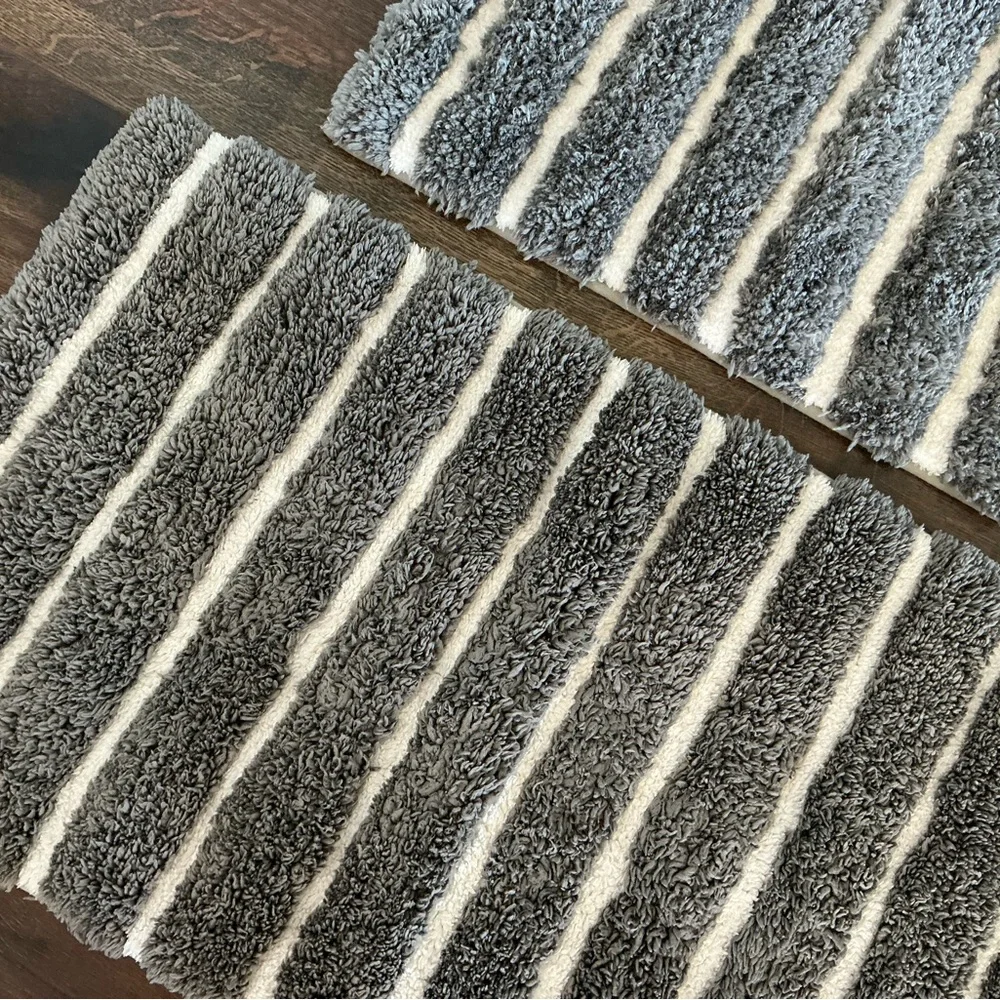 Gray and White Striped Bath Mat Set